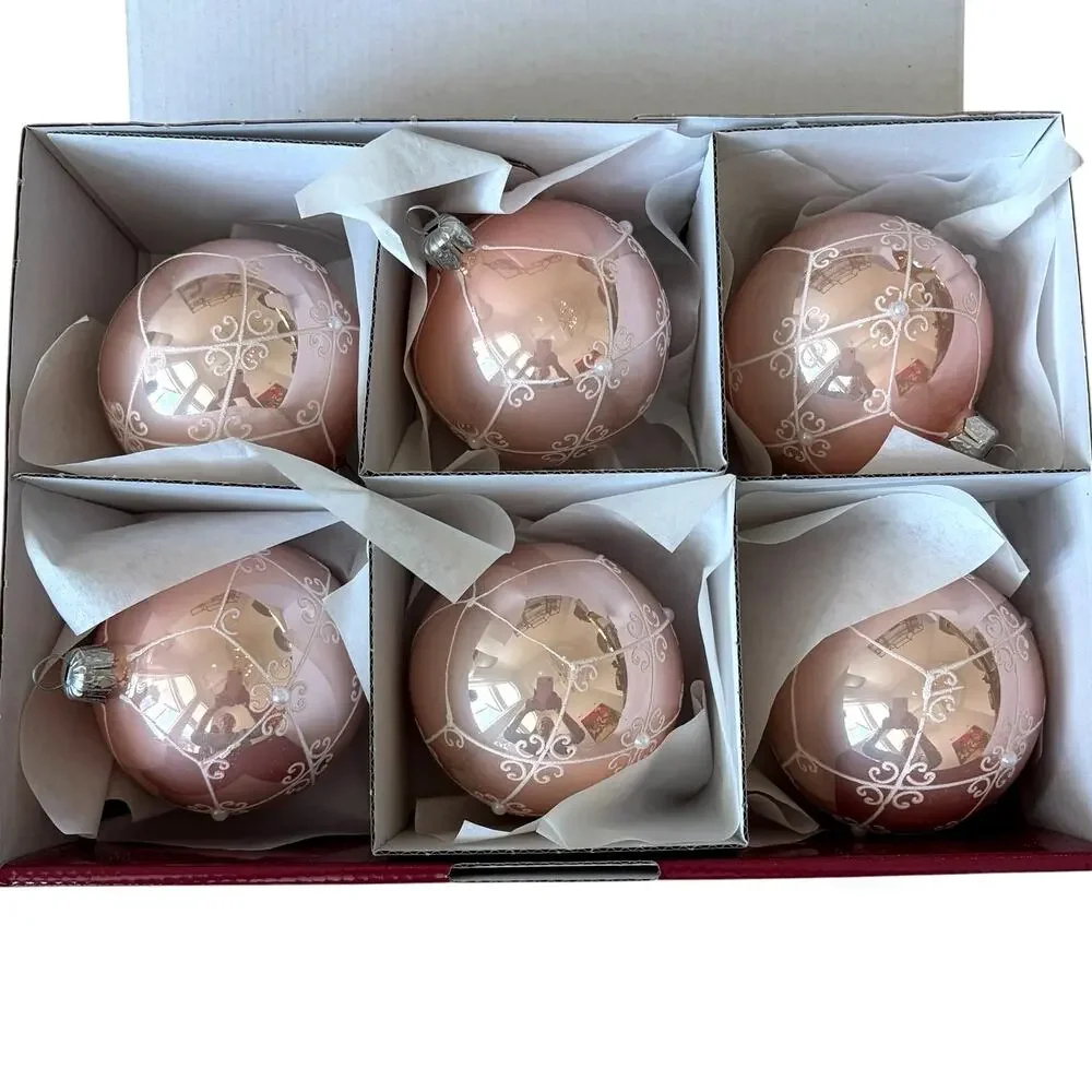 NEW Vitbis Poland Handcrafted Glass Ornaments Set of 6 Pink w/ White Glitter